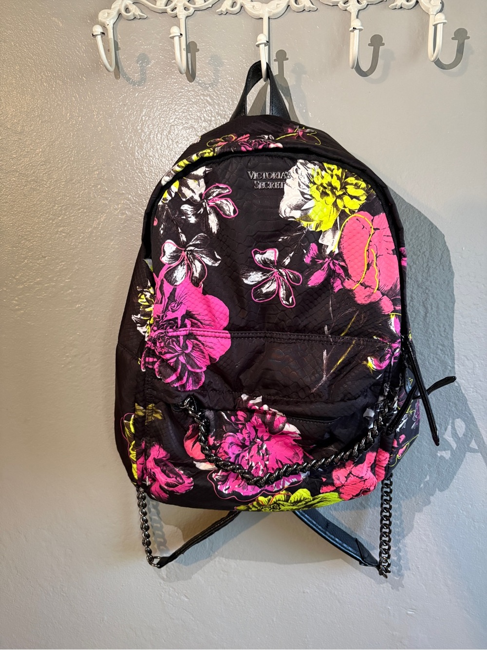 Victoria's Secret Black Floral Backpack with Pink & Yellow Accents